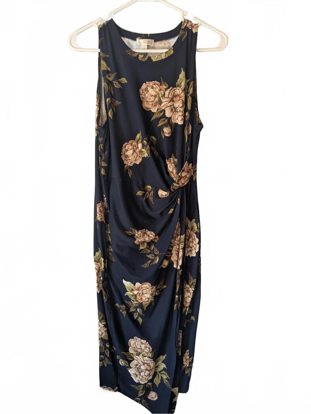 Rue Britton Navy Blue Floral Sleeveless Midi Dress with Twist Detail
